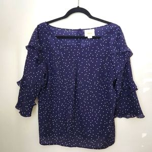 Anthropologie Maeve Navy Ruffle Sleeve Blouse Silk